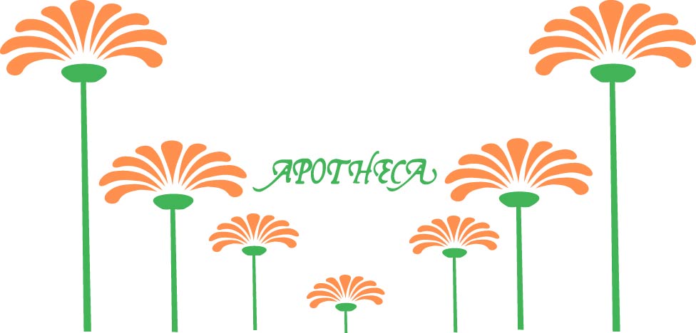 7 flores iguais ao logo da apotheca e o texto escrito Apotheca